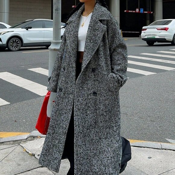 Black & White Women's Herringbone Double-Breasted Belted Longline Coat - Picture 1 of 6